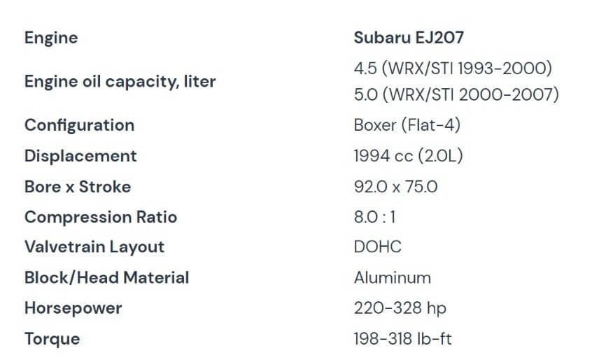 Subaru EJ207 Engine Specs